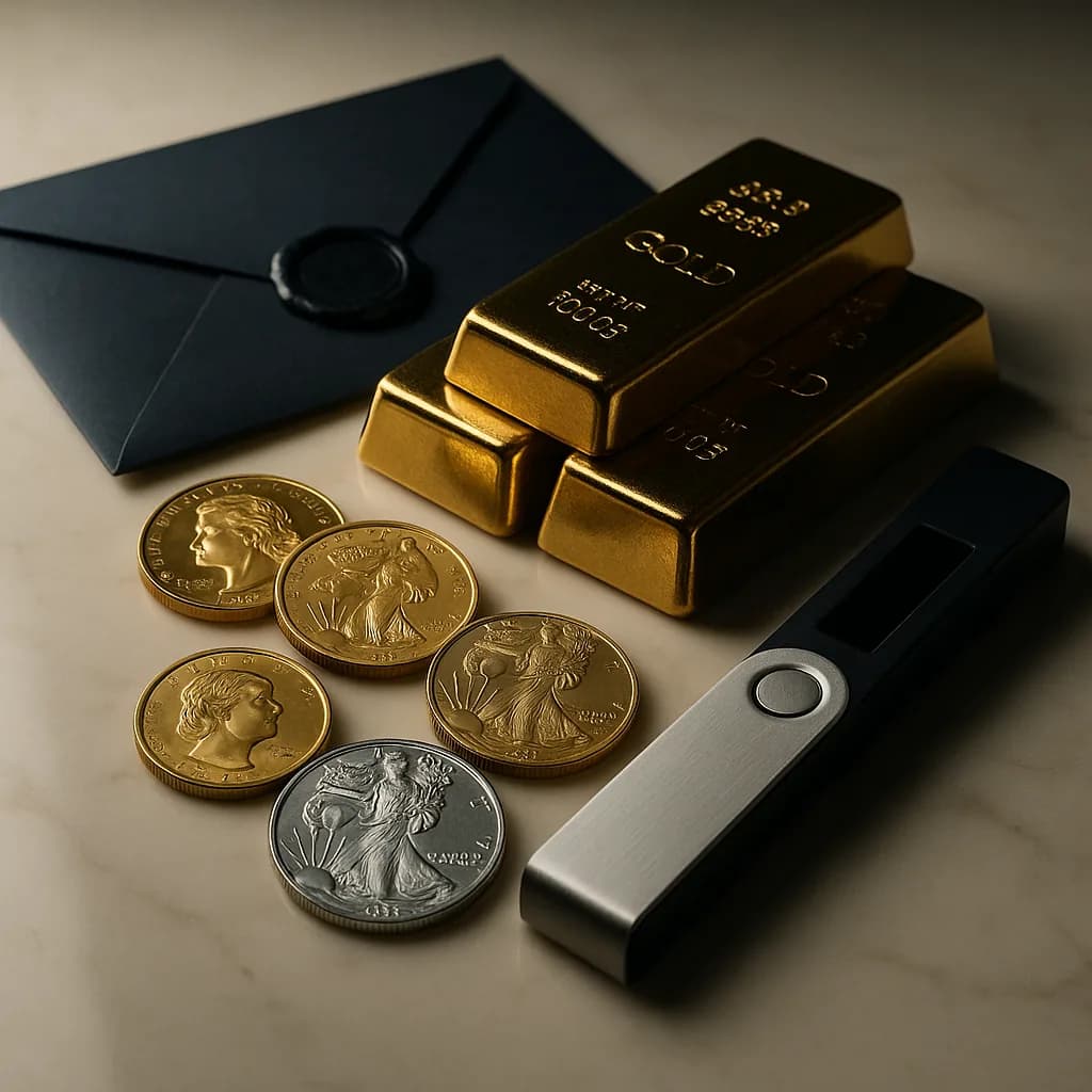 Gold bullion, coins, a wax-sealed envelope and a brass key on marble