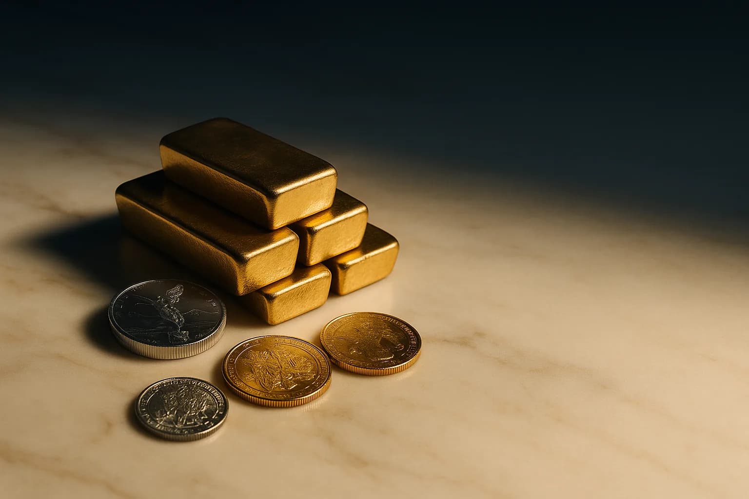 Gold bullion bars and silver coins on marble