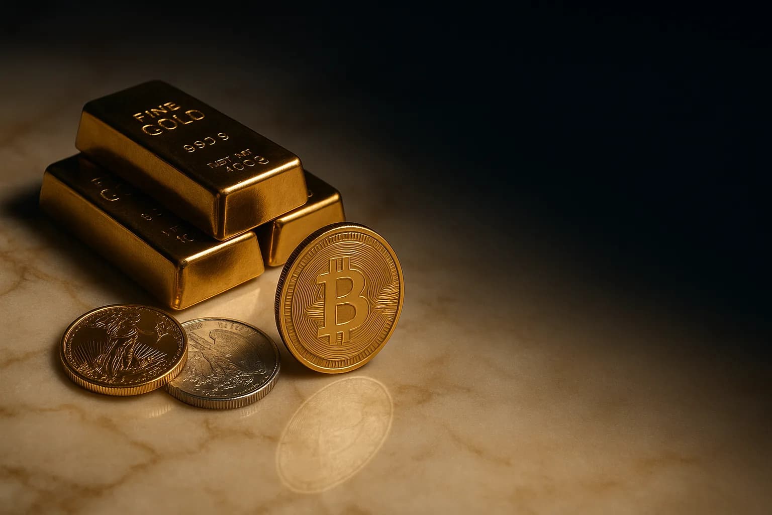 Gold bullion bars and investment coins on marble